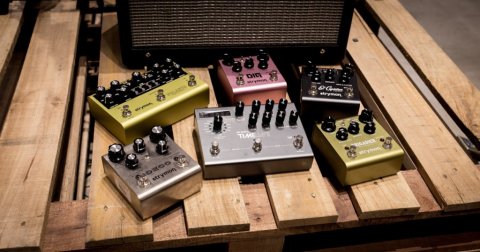 Complete collection of Strymon Delay pedals on a display rack