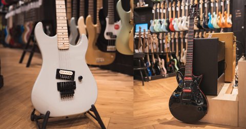 Two Kramer guitars in a music store in Singapore