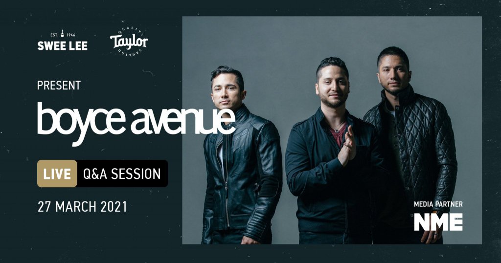 Picture of Alejandro, Fabian, and Daniel Manzano in a poster for Swee Lee and Taylor Guitars' Boyce Avenue Q&A Session