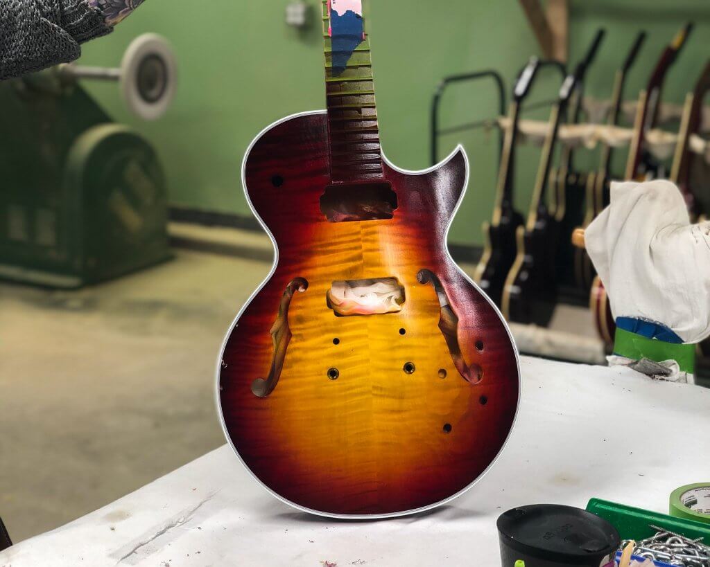An unfinished custom shop guitar from Heritage Guitars
