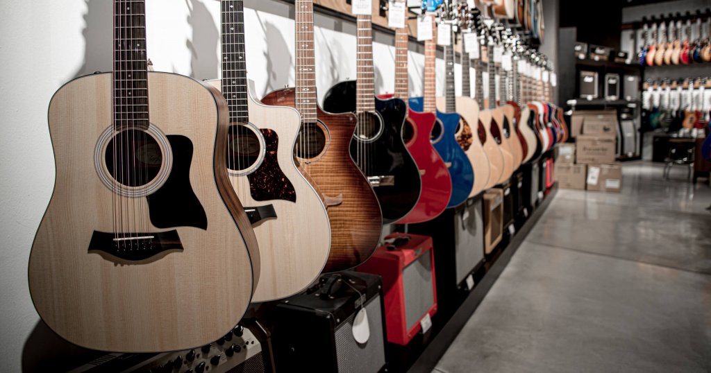 Rack of guitars in a shop