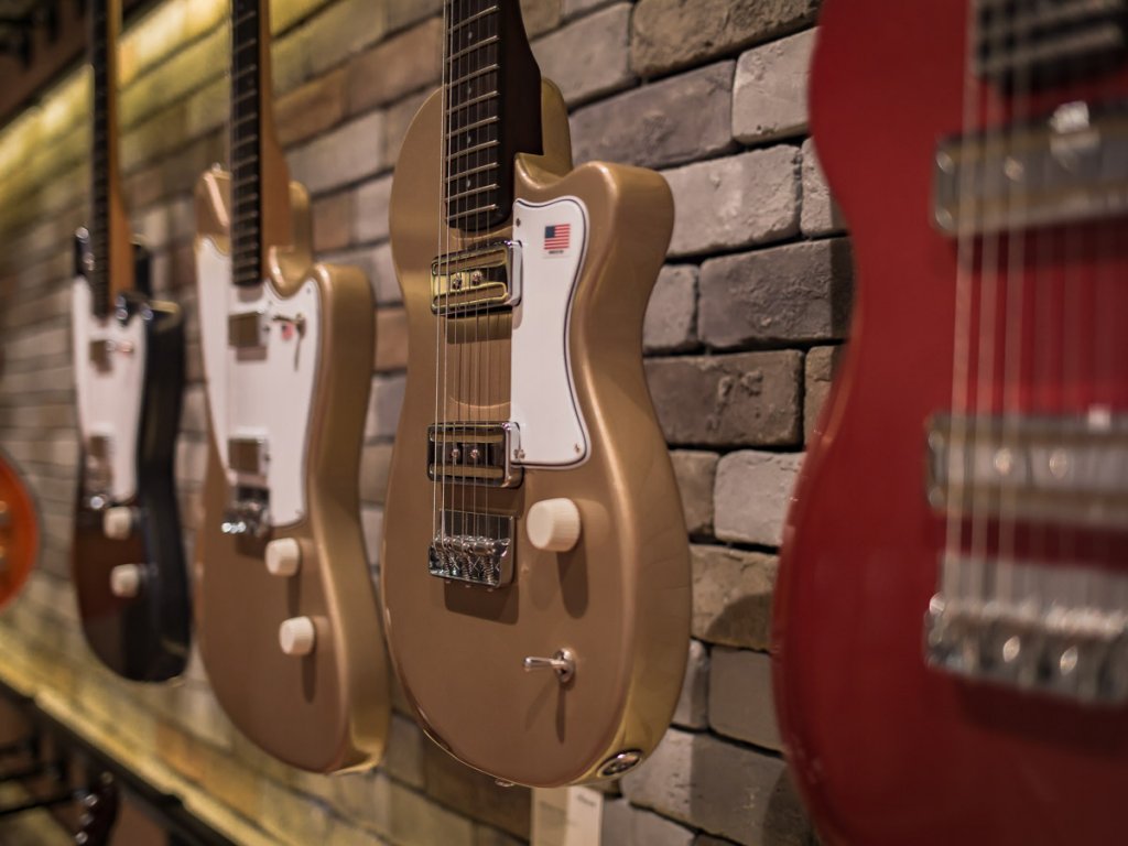 Guitars hanging in a music store