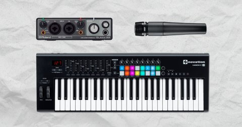 Roland Audio Interface, Shure Dynamic Microphone and a Novation MIDI keyboard